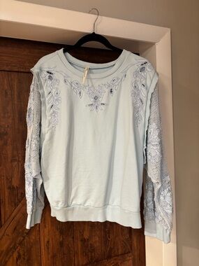 Anthropologie Pale Blue Embroidered Lace-Sleeve Sweatshirt